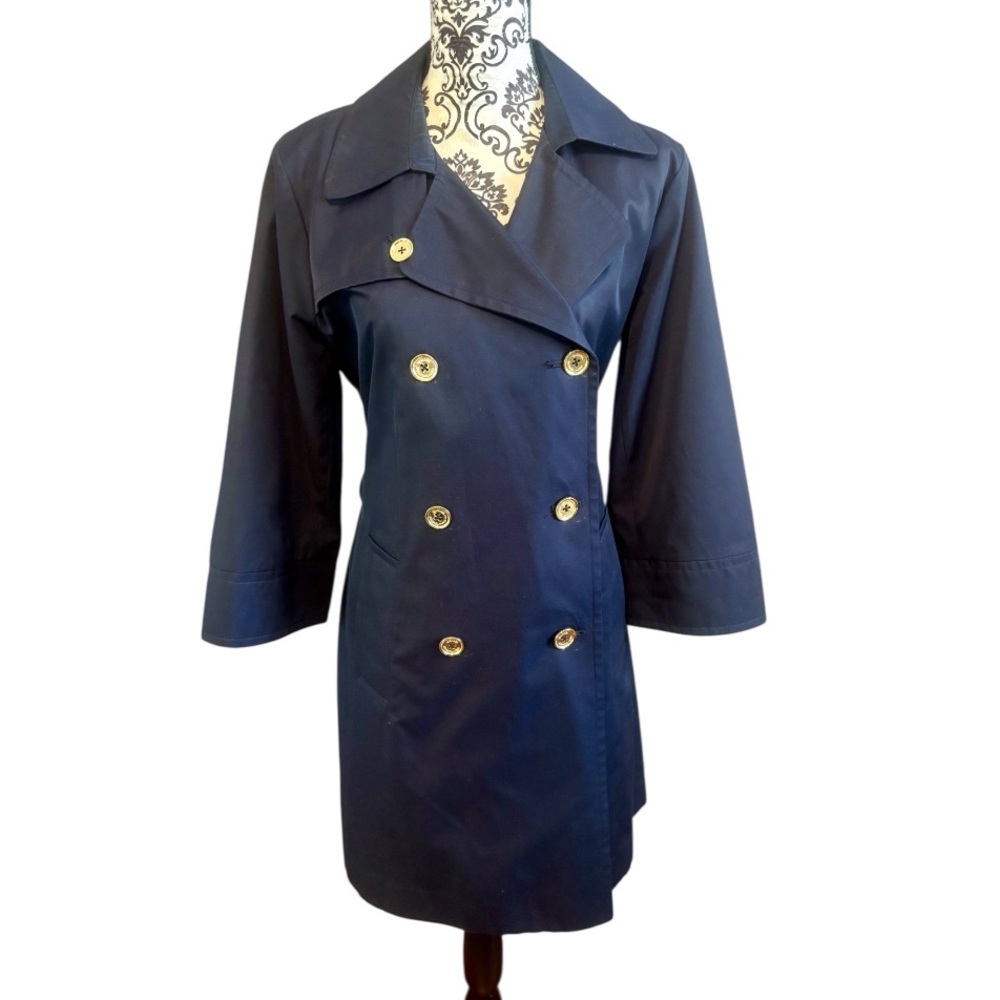 MICHAEL Michael Kors Navy Trench Coat with Gold Tone Accents